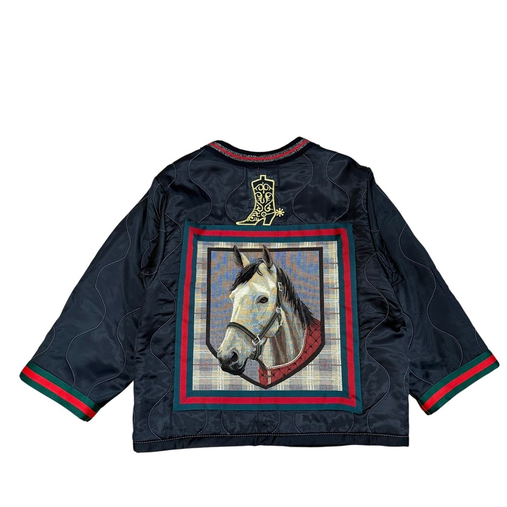 Lesal Upcycled Quilted Jacket Women Black Western Horse Tapestry Barrel Racing‎